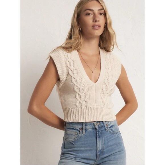 Z Supply ‘Roped In’ Cropped Cable Knit V-Neck Sweater Vest In Sandstone Size L